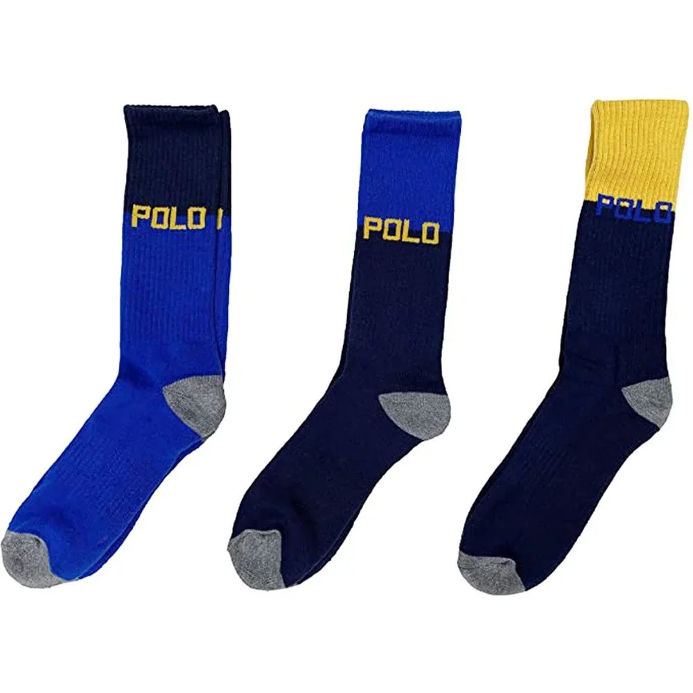 Polo Ralph Lauren Classic Sport Crew Sock 3-Pack Pair Yellow Navy Royal Blue - Picture 1 of 10